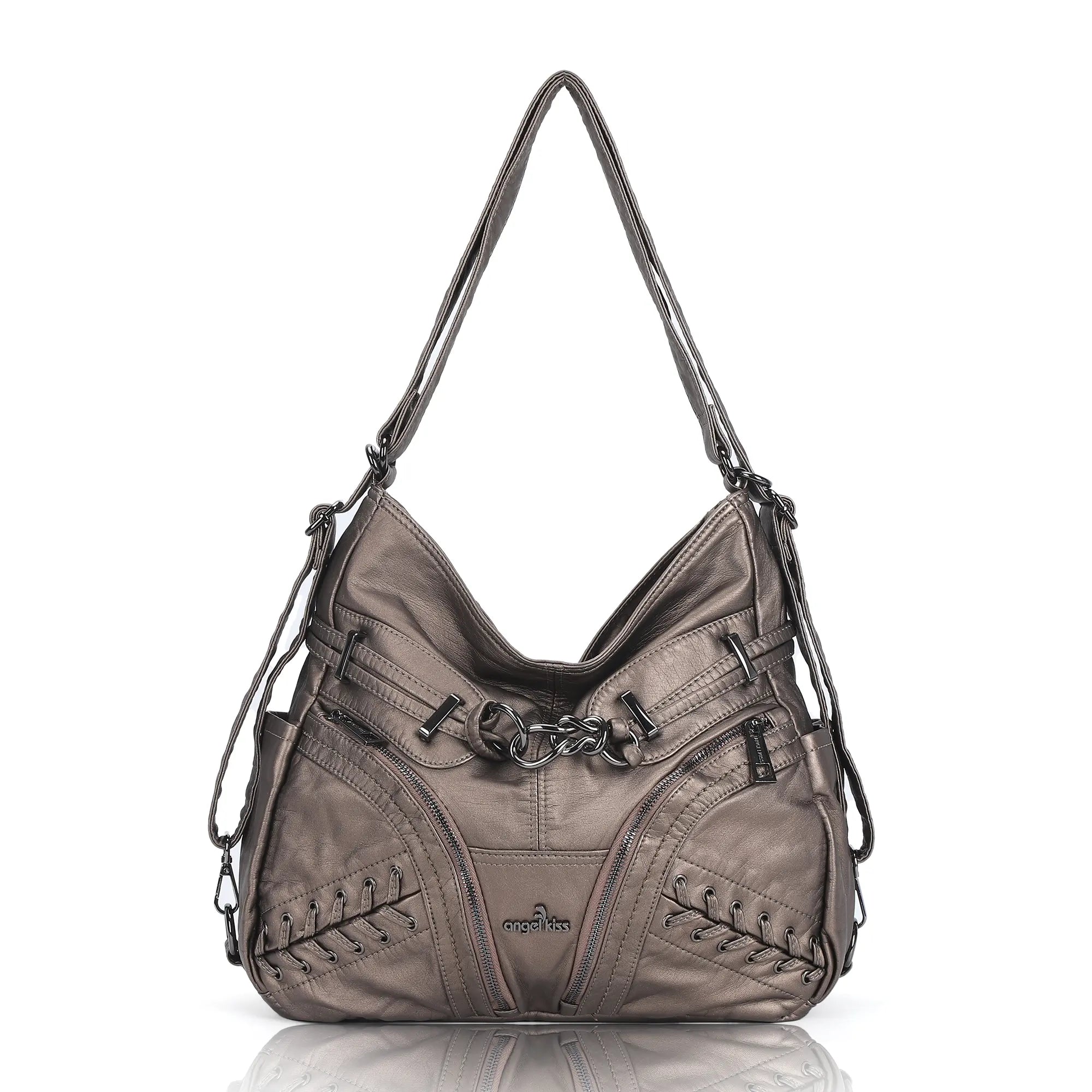 Diagonal Zipper Rivet Hobo Shoulder Bag