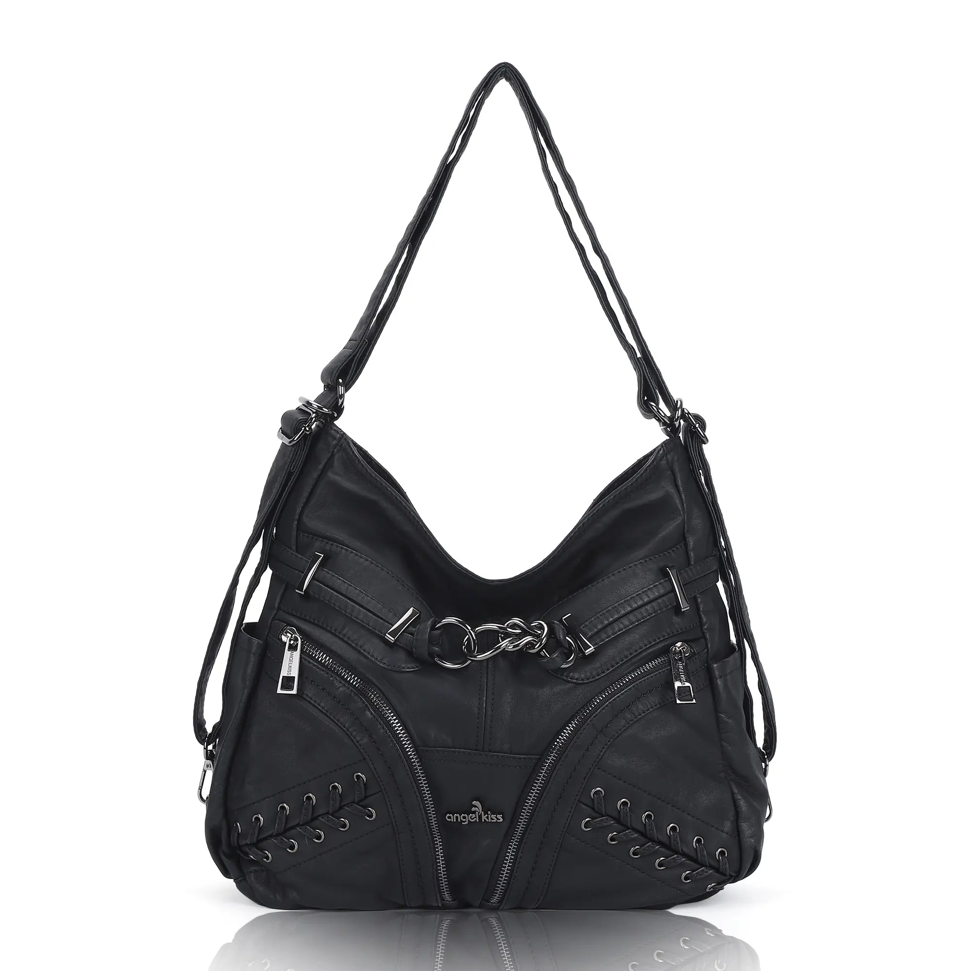Diagonal Zipper Rivet Hobo Shoulder Bag