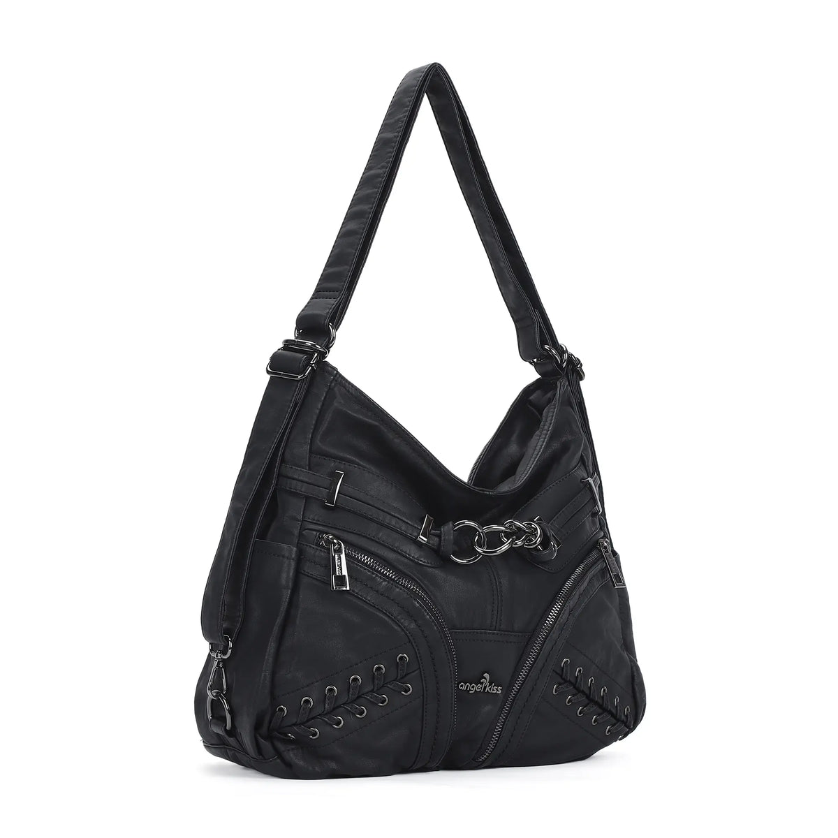 Diagonal Zipper Rivet Hobo Shoulder Bag