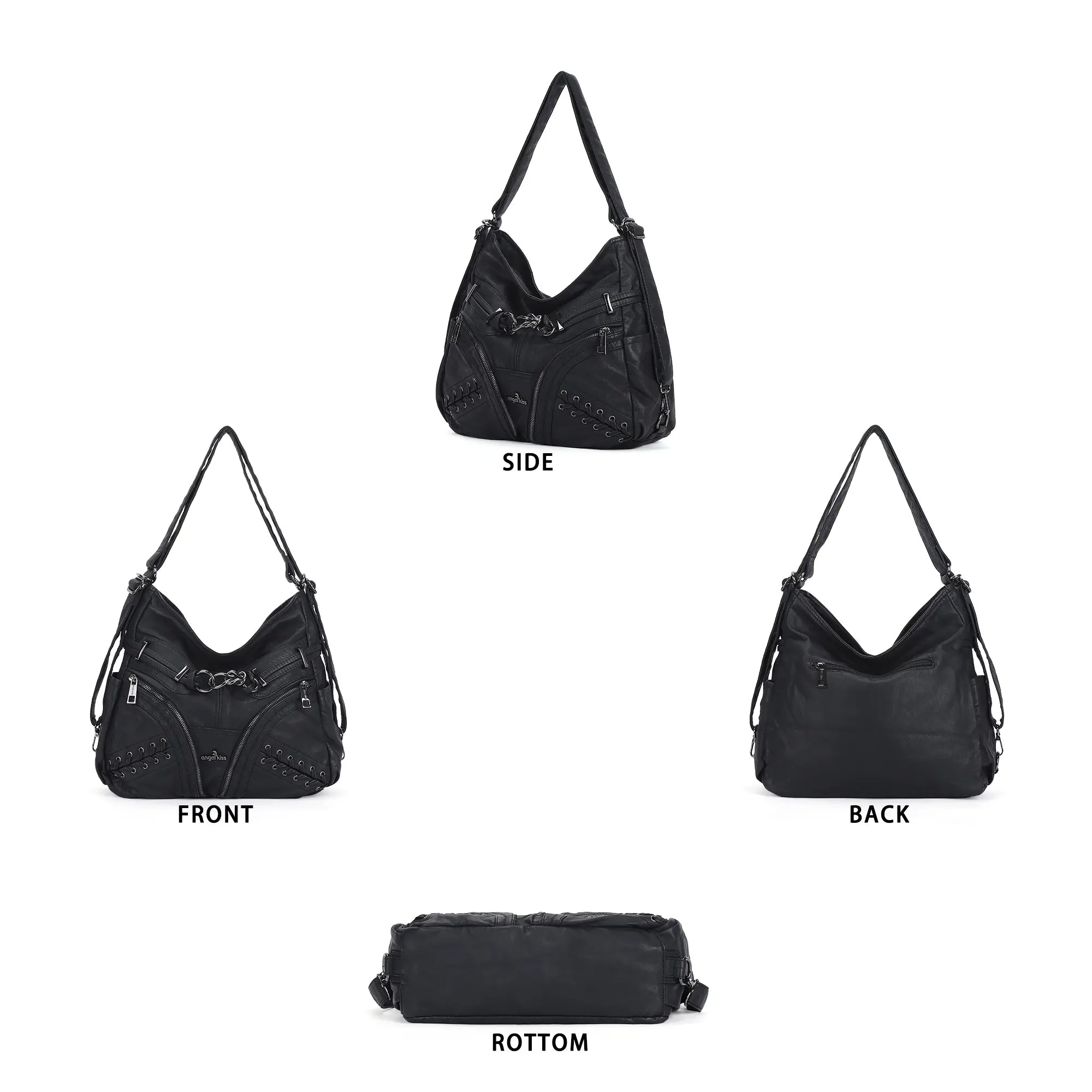Diagonal Zipper Rivet Hobo Shoulder Bag