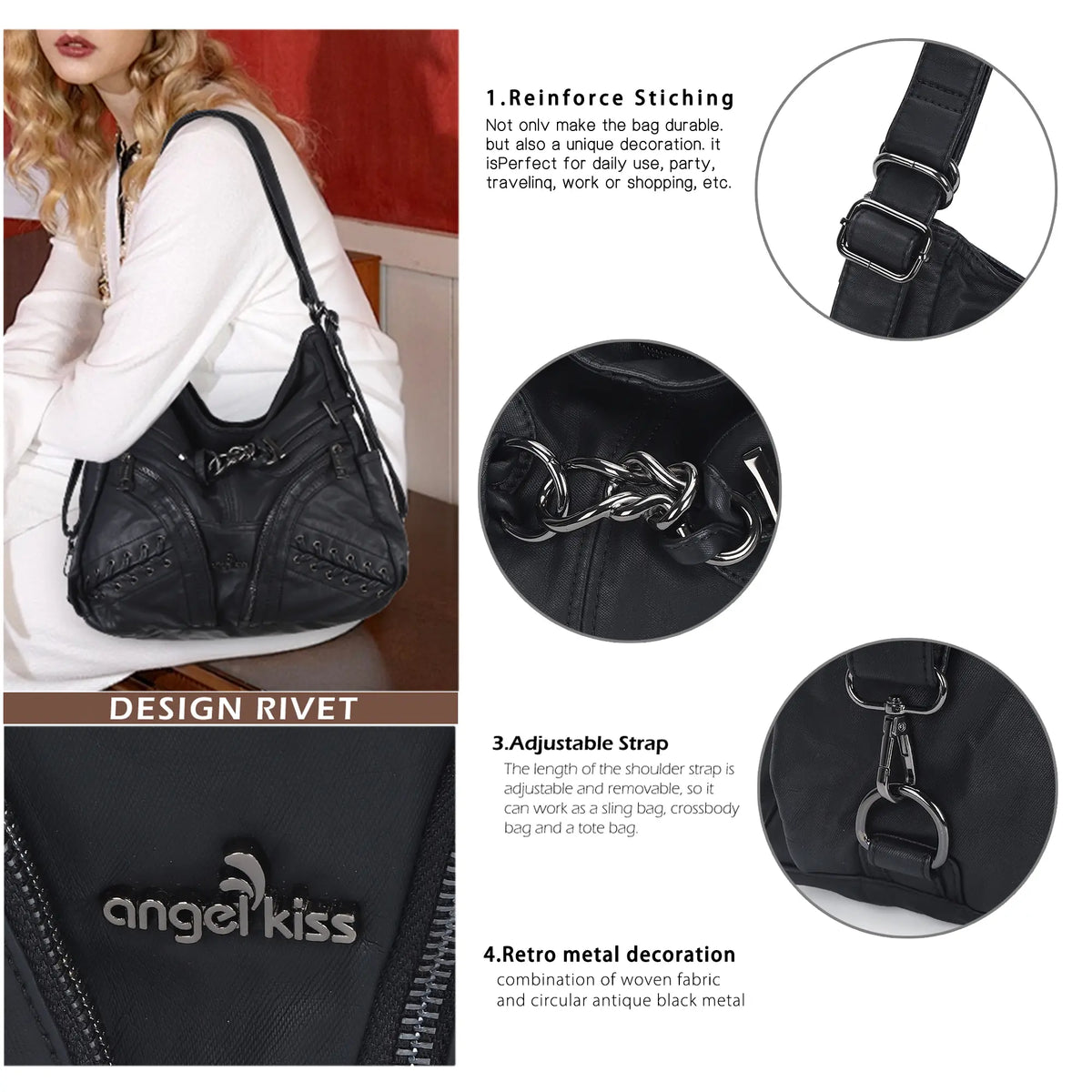 Diagonal Zipper Rivet Hobo Shoulder Bag