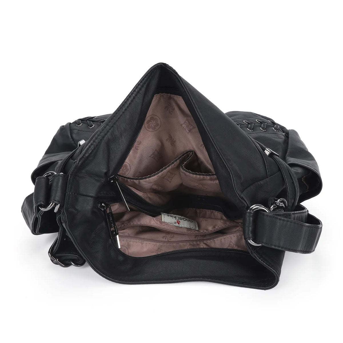 Diagonal Zipper Rivet Hobo Shoulder Bag