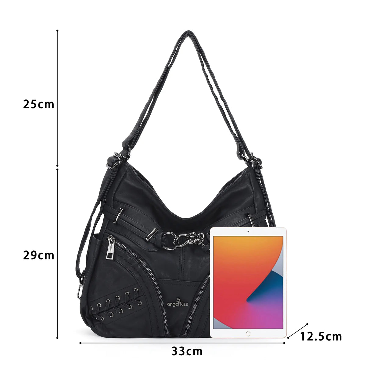 Diagonal Zipper Rivet Hobo Shoulder Bag