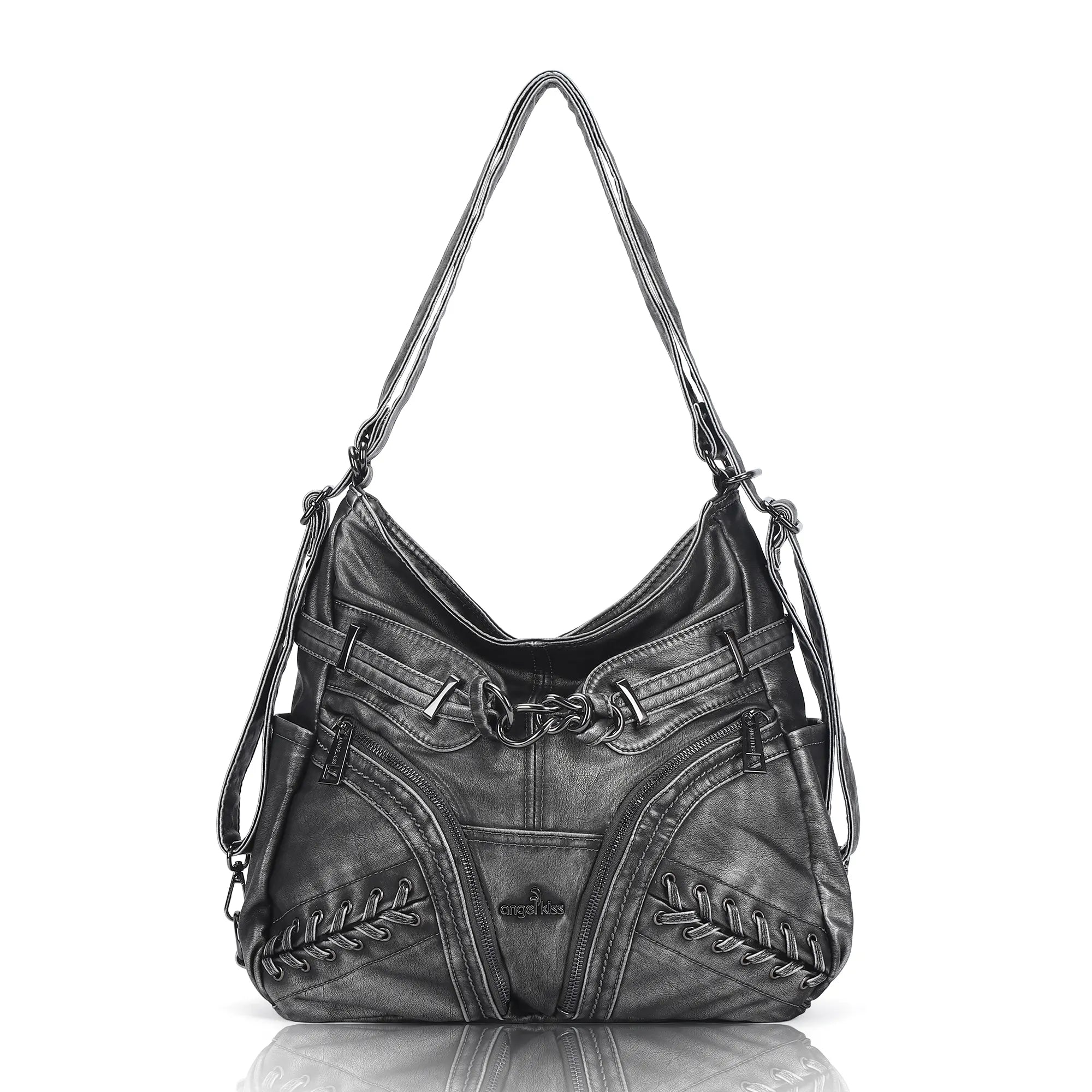 Diagonal Zipper Rivet Hobo Shoulder Bag