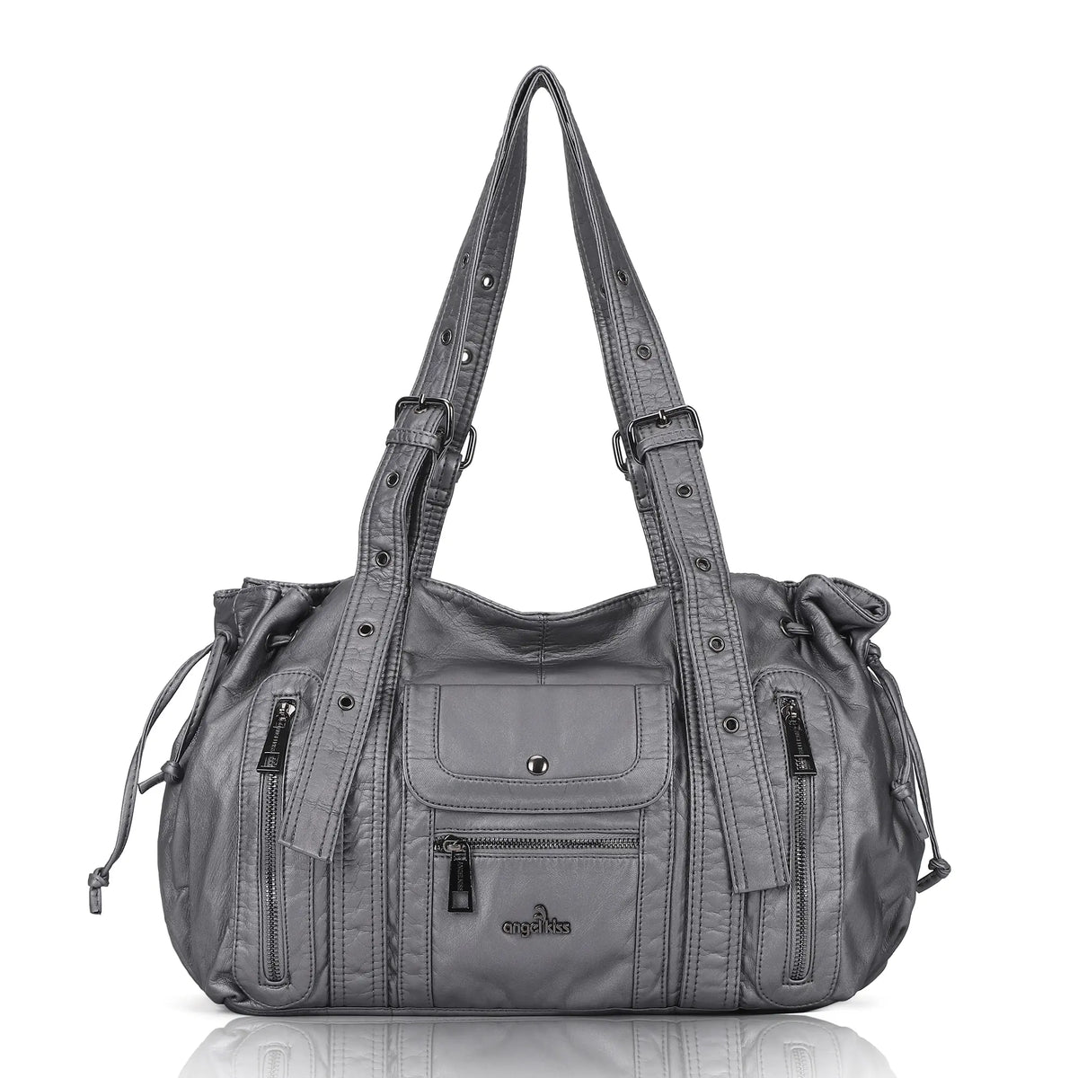 Vintage Multi Pocket Vegan Leather Shoulder Tote with Wide Straps