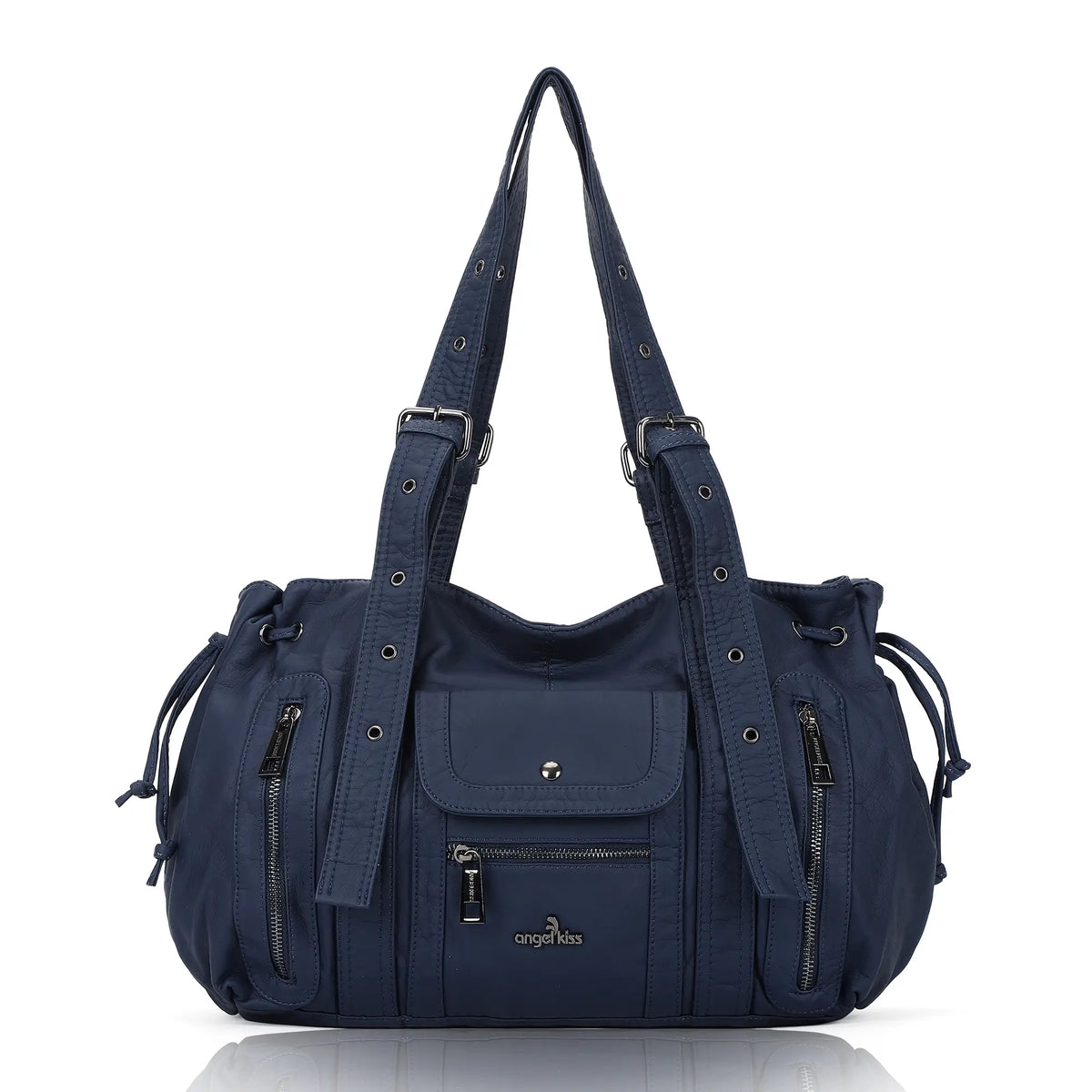 Vintage Multi Pocket Vegan Leather Shoulder Tote with Wide Straps