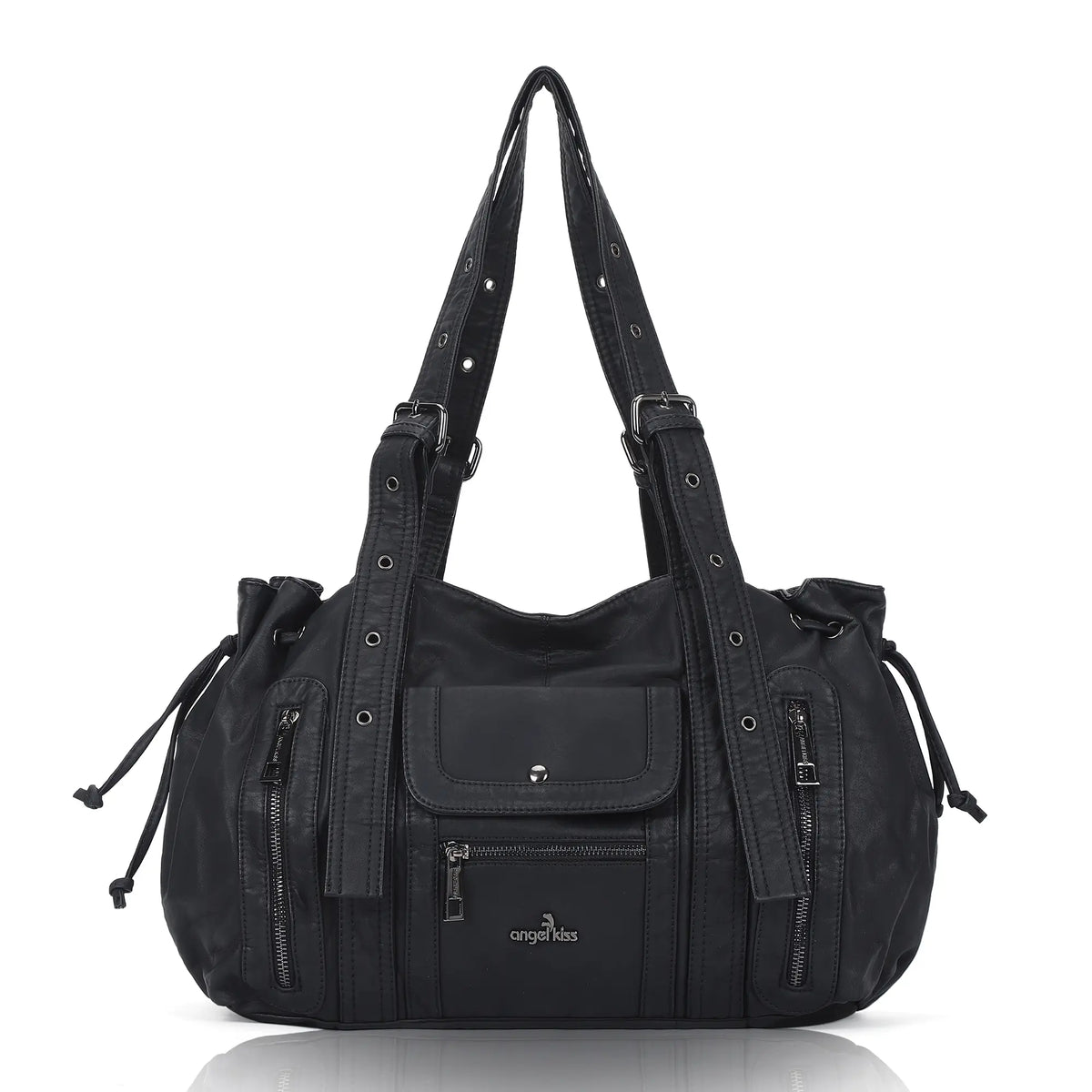 Vintage Multi Pocket Vegan Leather Shoulder Tote with Wide Straps