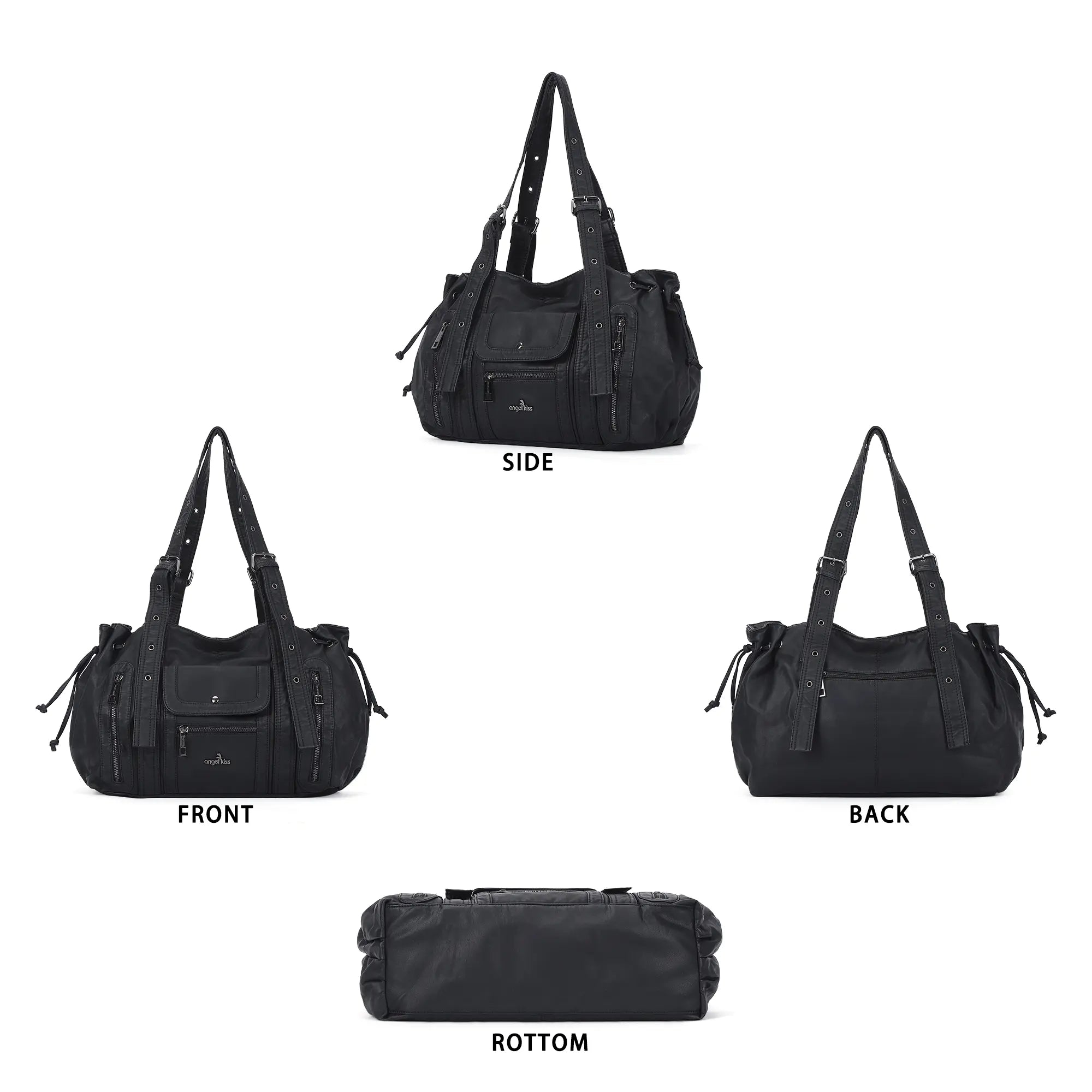 Vintage Multi Pocket Vegan Leather Shoulder Tote with Wide Straps