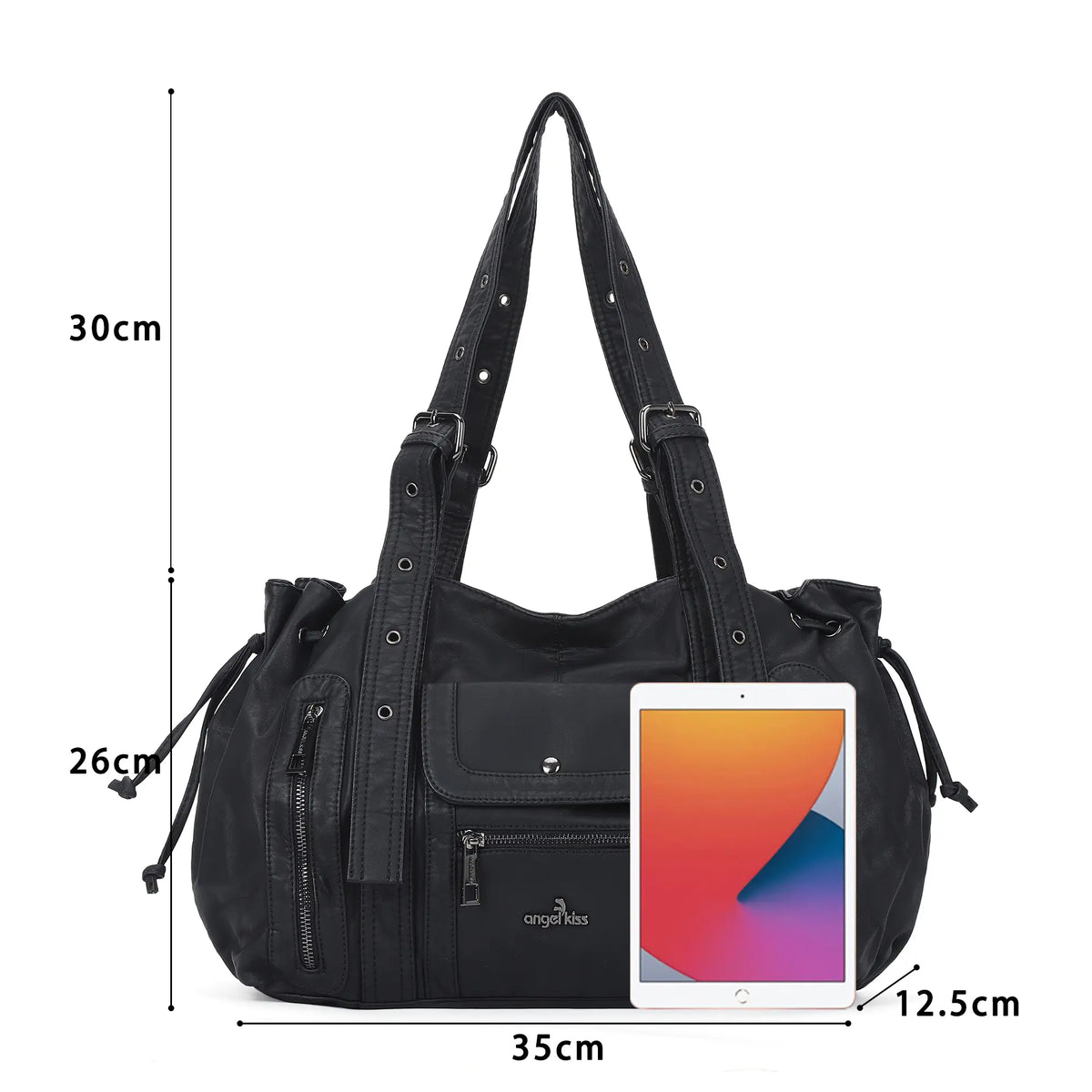 Vintage Multi Pocket Vegan Leather Shoulder Tote with Wide Straps