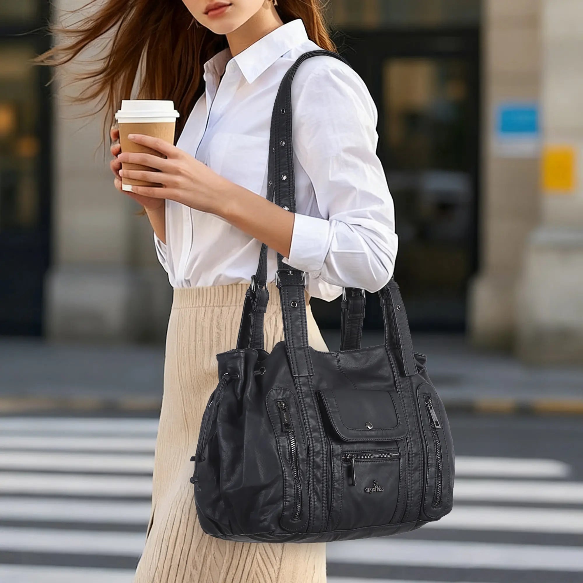 Vintage Multi Pocket Vegan Leather Shoulder Tote with Wide Straps