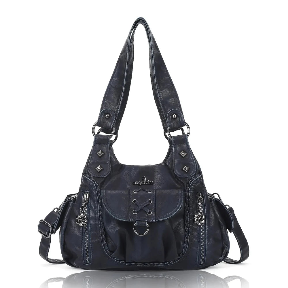 Vegan Leather Shoulder Handbag – Vintage Multi-Pocket Tote Bag