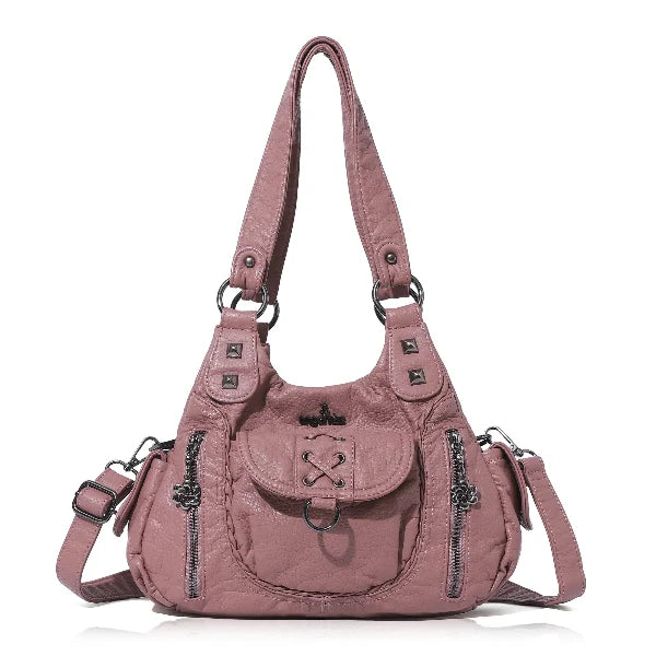 Vegan Leather Shoulder Handbag – Vintage Multi-Pocket Tote Bag