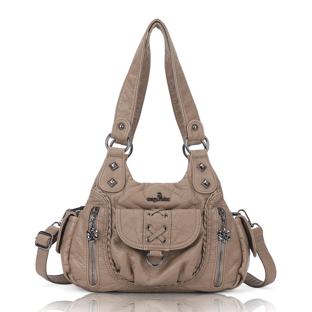 Vegan Leather Shoulder Handbag – Vintage Multi-Pocket Tote Bag