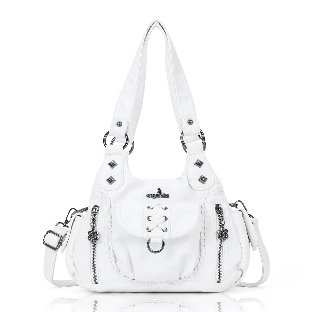 Vegan Leather Shoulder Handbag – Vintage Multi-Pocket Tote Bag