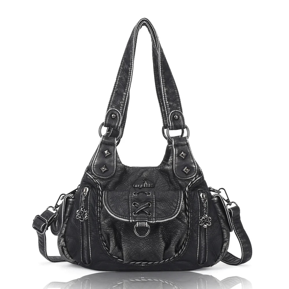 Vegan Leather Shoulder Handbag – Vintage Multi-Pocket Tote Bag