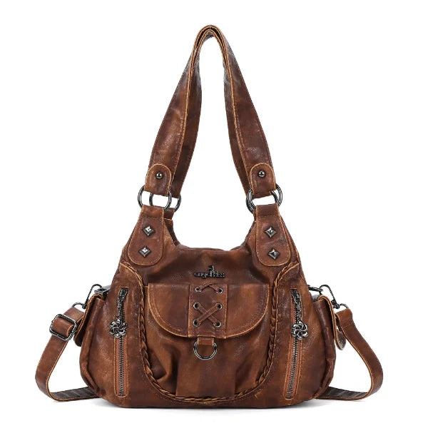 Vegan Leather Shoulder Handbag – Vintage Multi-Pocket Tote Bag