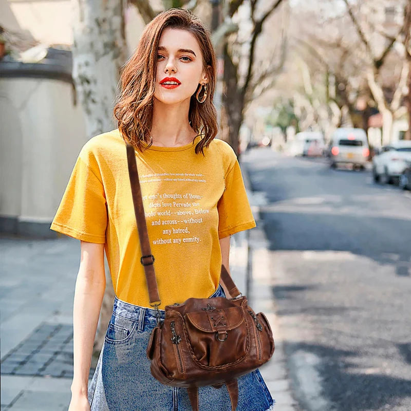 Vegan Leather Shoulder Handbag – Vintage Multi-Pocket Tote Bag