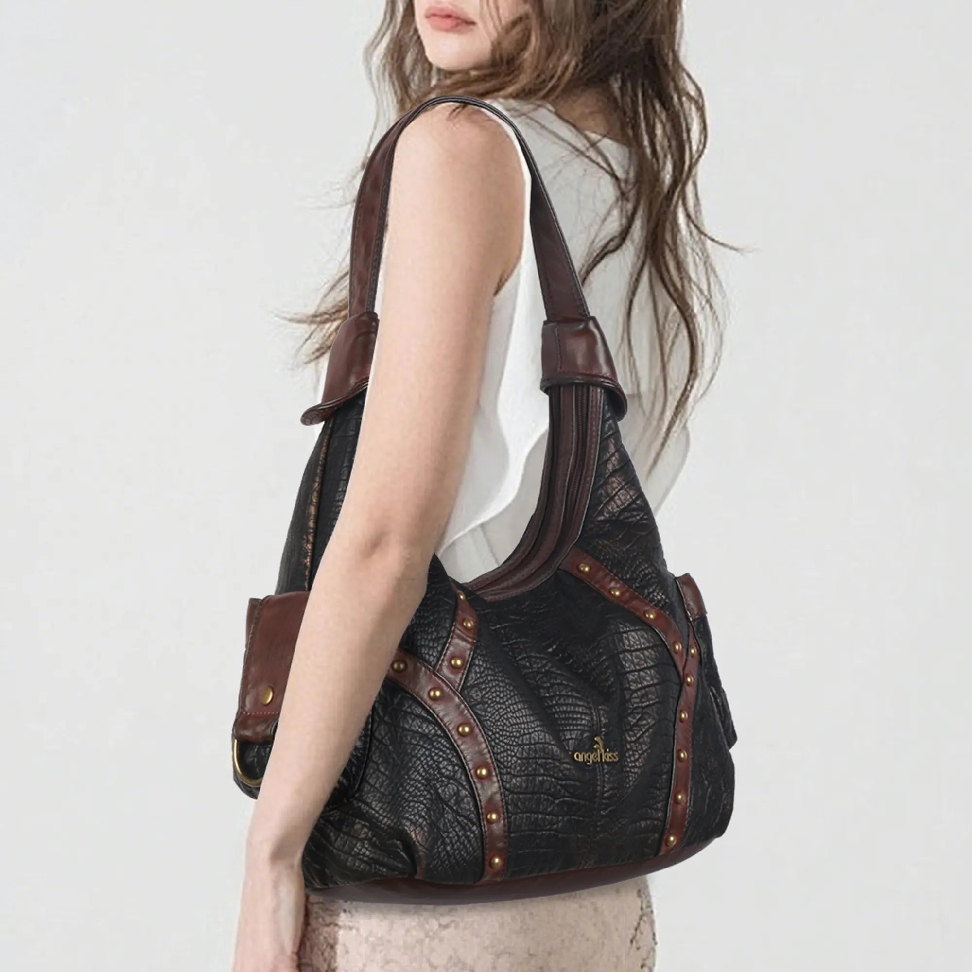 Modern Trendy Vintage Vegan Leather Hobo Tote Shoulder Bag