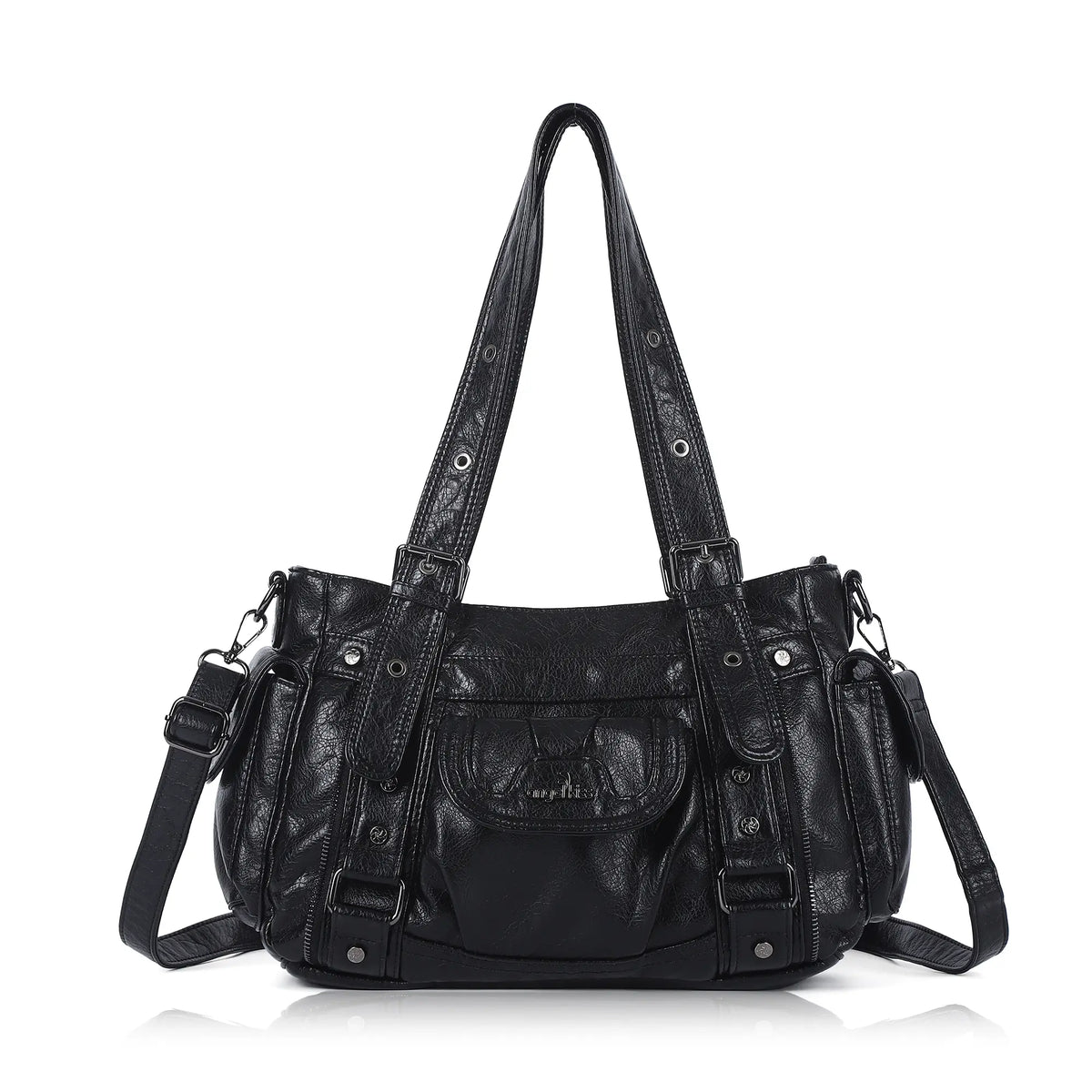 Textured Multi-Pocket Shoulder Bag with Rivet Details