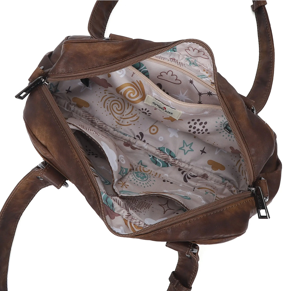 Tie-Dye Multi-Pocket Shoulder Tote Bag with Studded Zipper Details