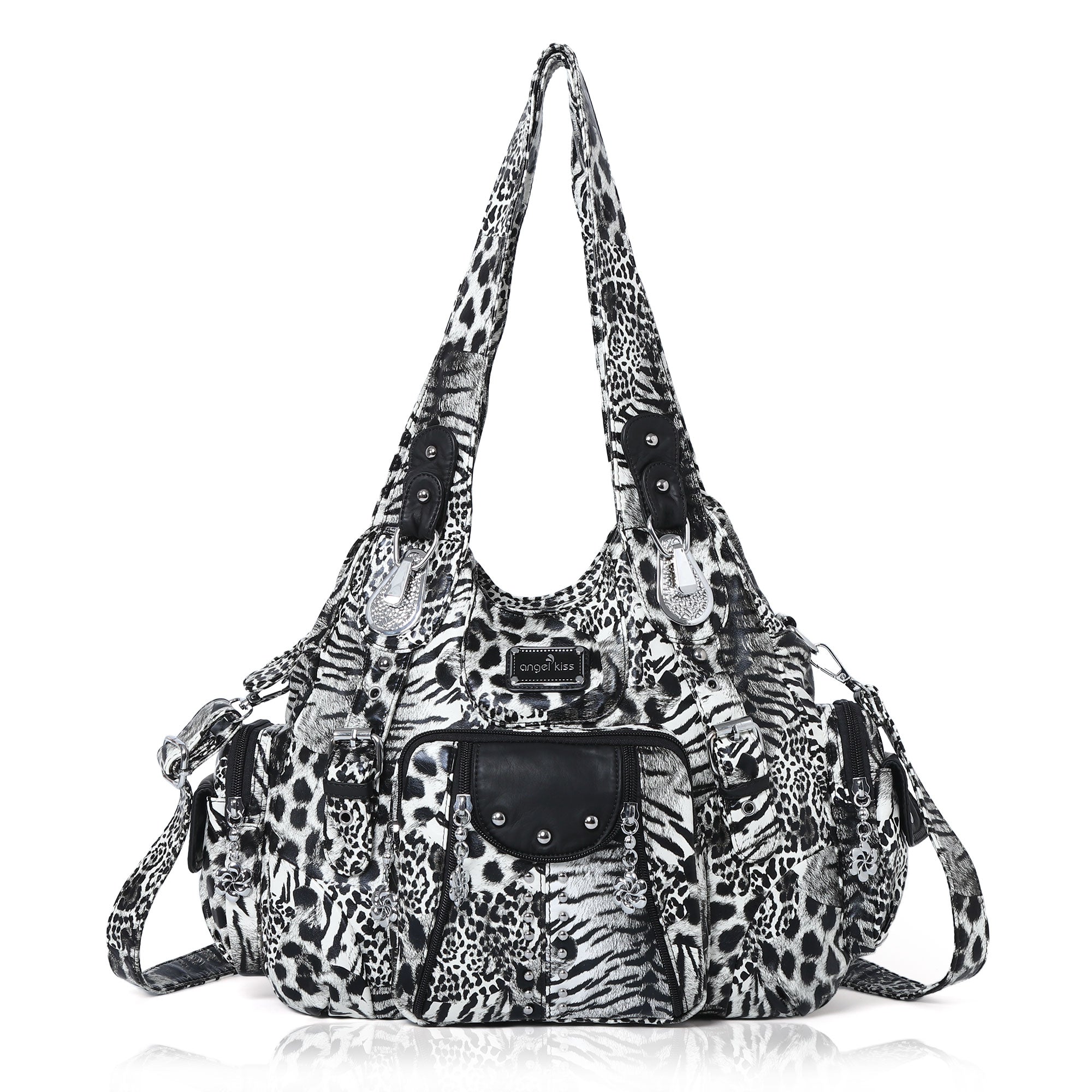 Washed Leopard Print Vintage Multi-Pocket Shoulder Bag for Women