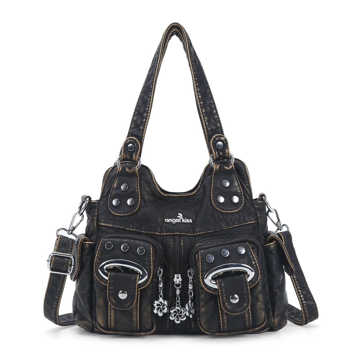 Vintage Multi-Pocket Shoulder Bag - Washed Texture with Studs & Charms