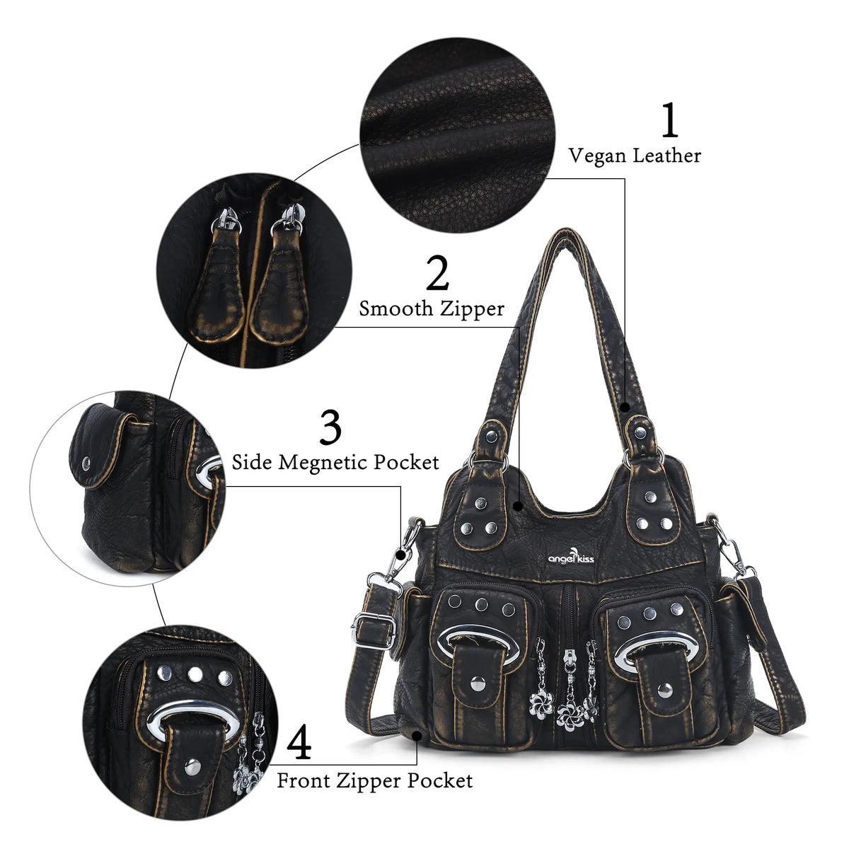 Vintage Multi-Pocket Shoulder Bag - Washed Texture with Studs & Charms