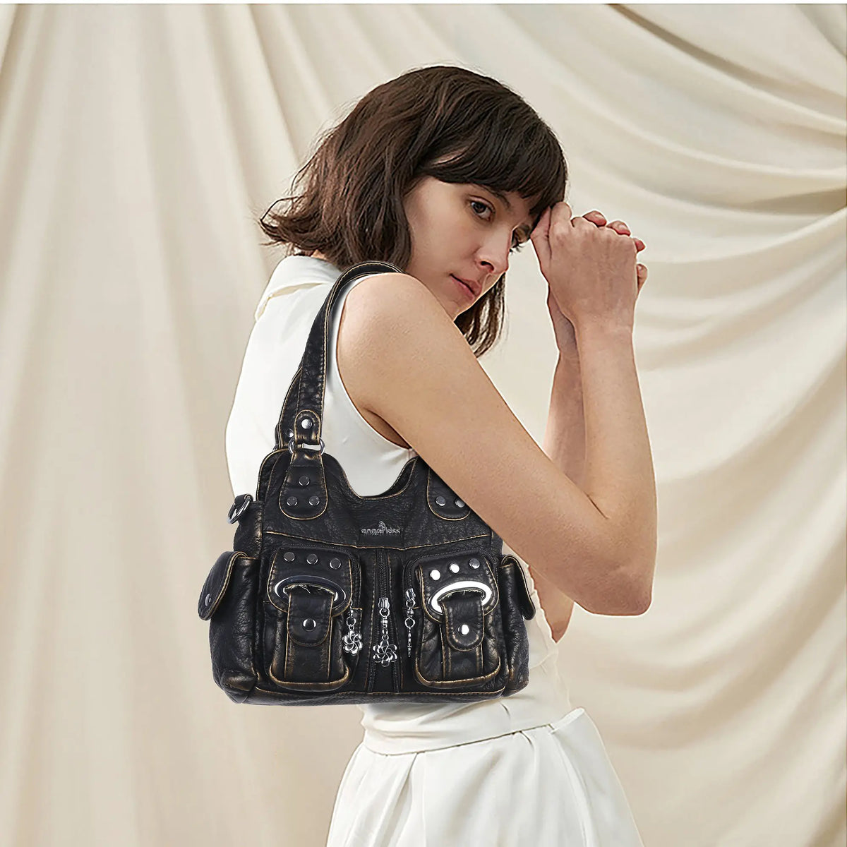 Vintage Multi-Pocket Shoulder Bag - Washed Texture with Studs & Charms