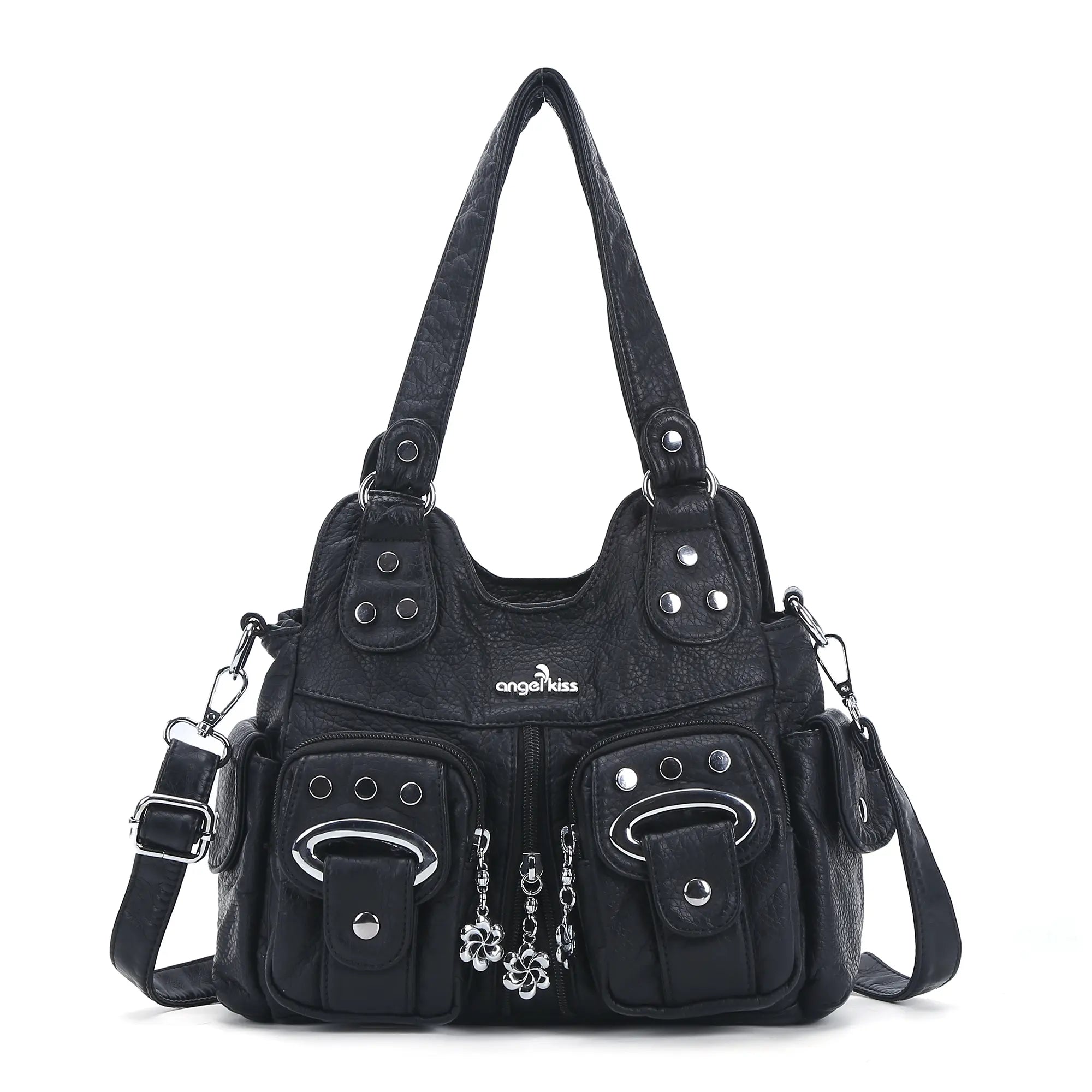 Vintage Multi-Pocket Shoulder Bag - Washed Texture with Studs & Charms