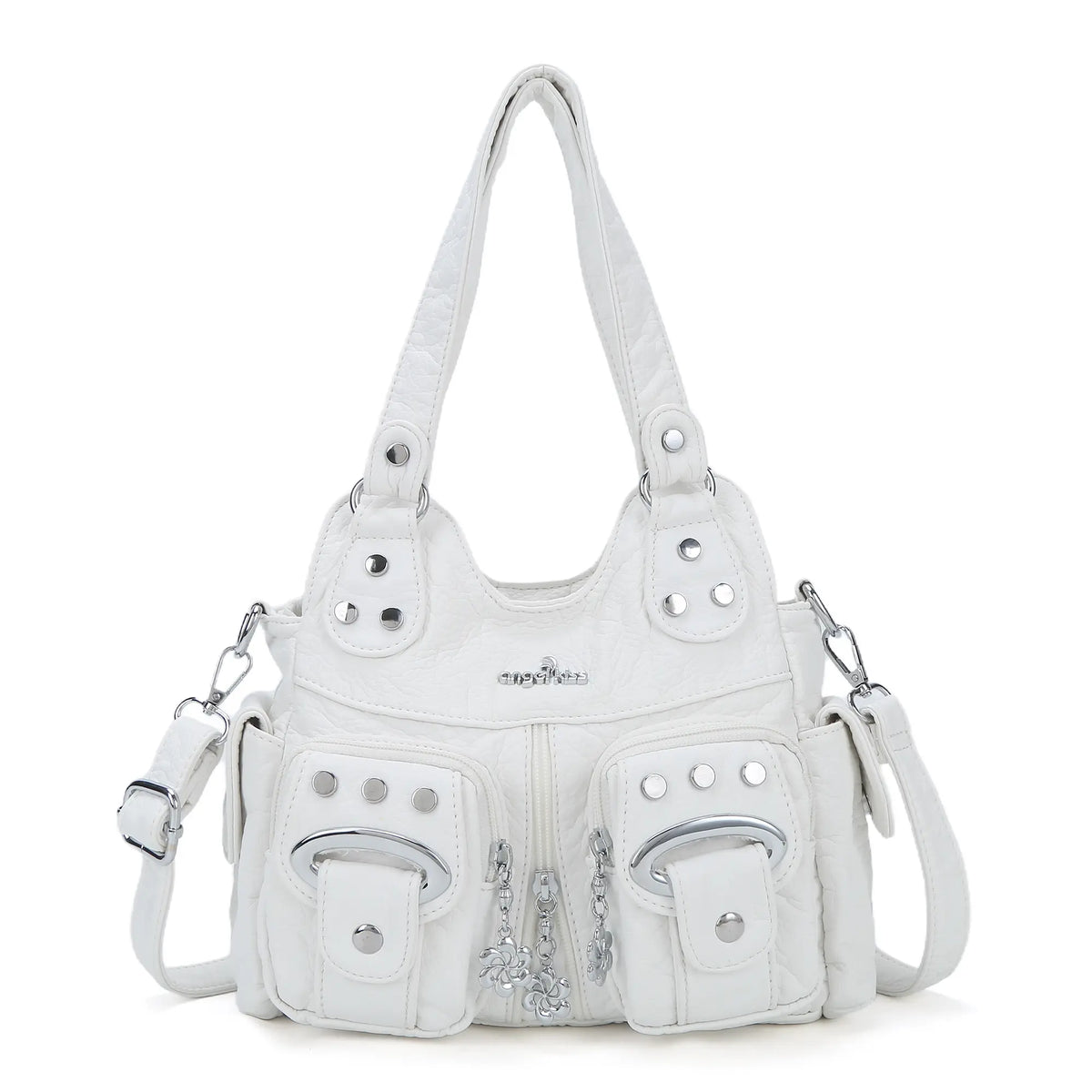 Vintage Multi-Pocket Shoulder Bag - Washed Texture with Studs & Charms