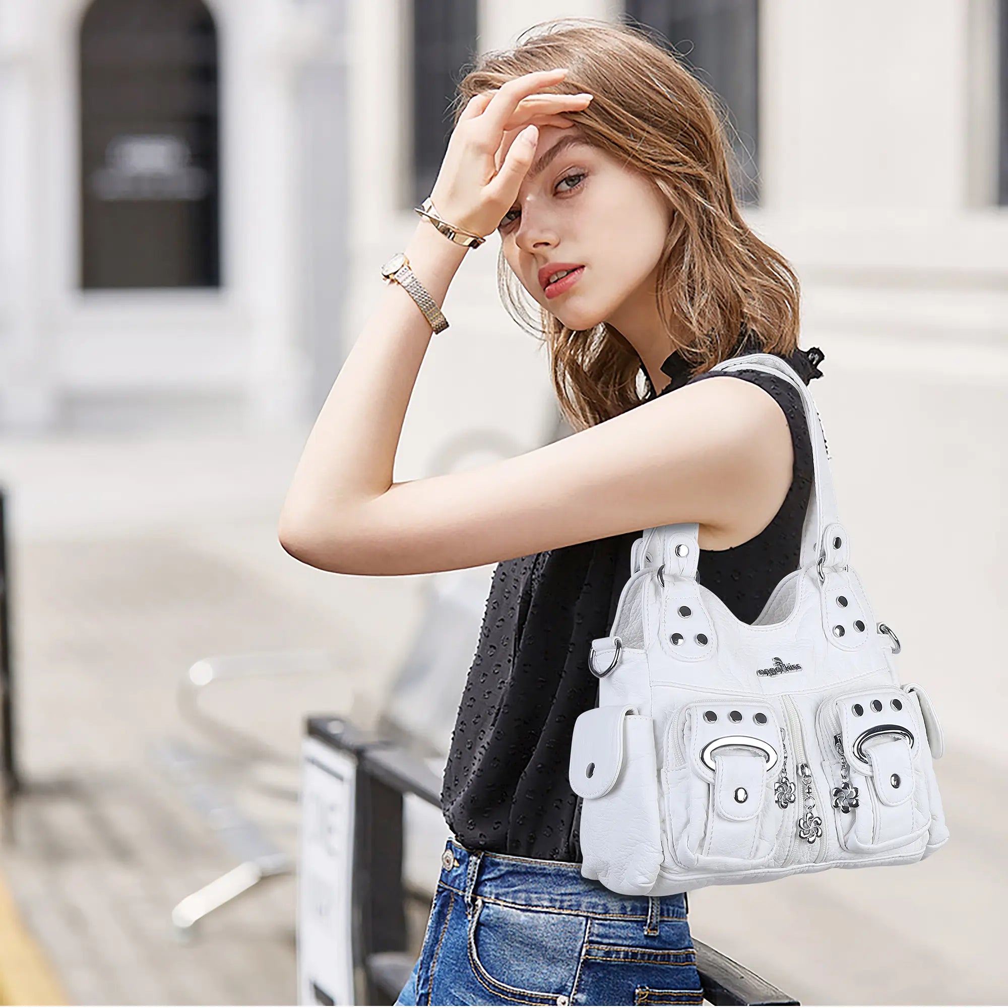 Vintage Multi-Pocket Shoulder Bag - Washed Texture with Studs & Charms