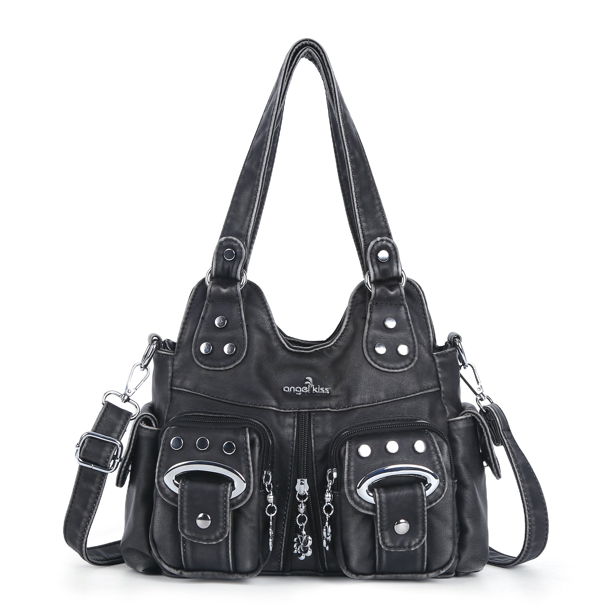 Vintage Multi-Pocket Shoulder Bag - Washed Texture with Studs & Charms