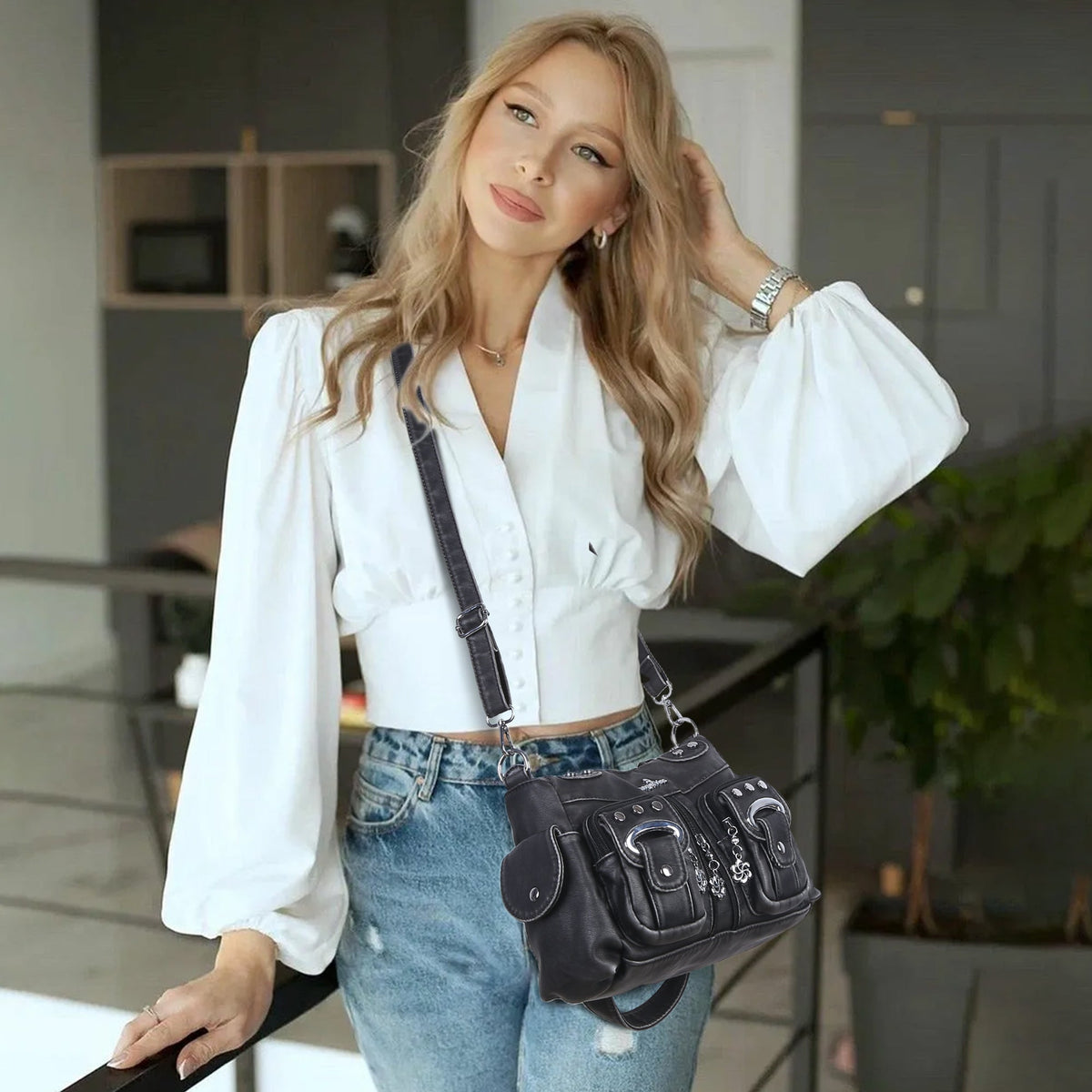 Vintage Multi-Pocket Shoulder Bag - Washed Texture with Studs & Charms