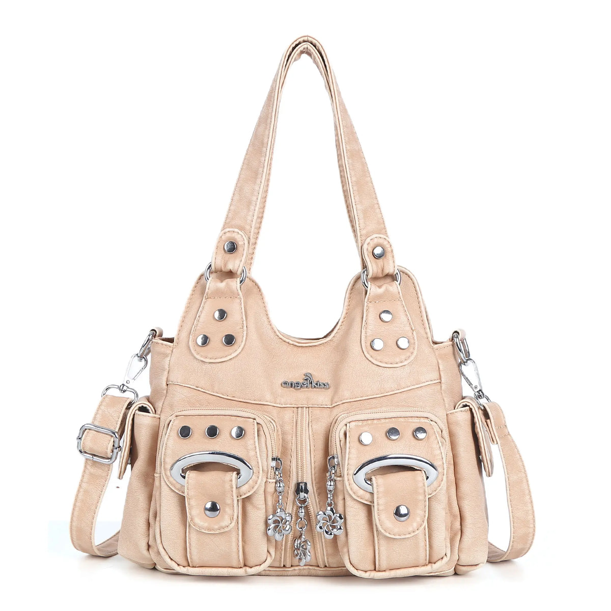 Vintage Multi-Pocket Shoulder Bag - Washed Texture with Studs & Charms
