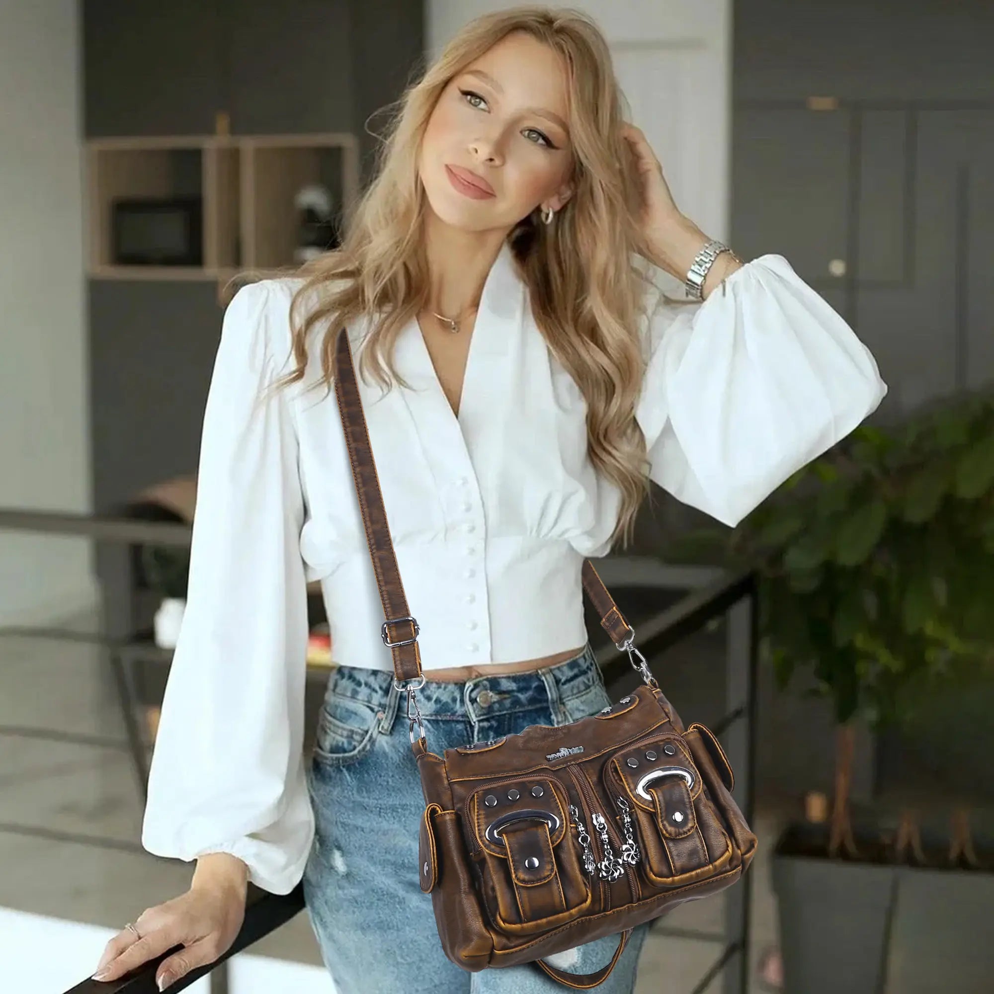 Vintage Multi-Pocket Shoulder Bag - Washed Texture with Studs & Charms