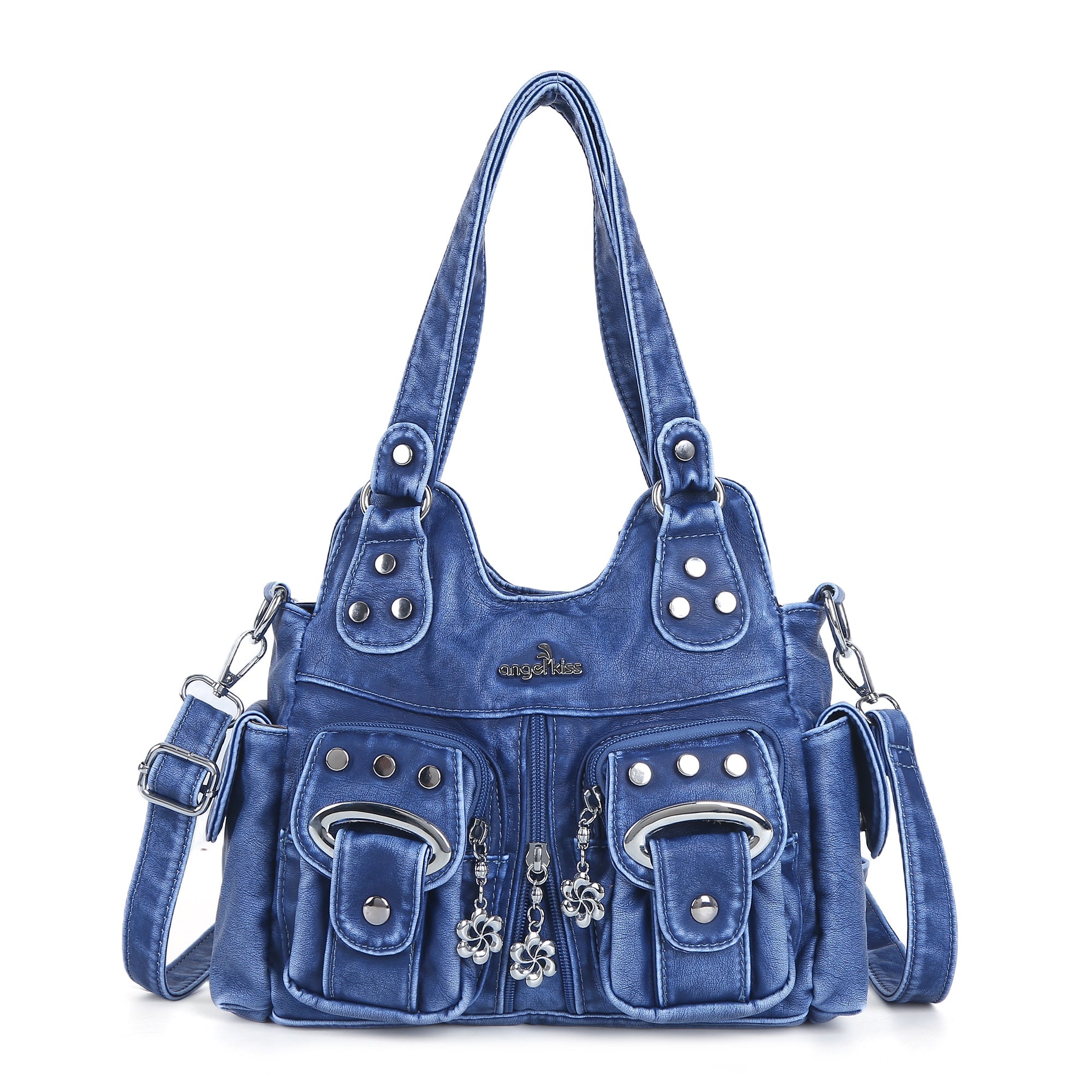 Vintage Multi-Pocket Shoulder Bag - Washed Texture with Studs & Charms