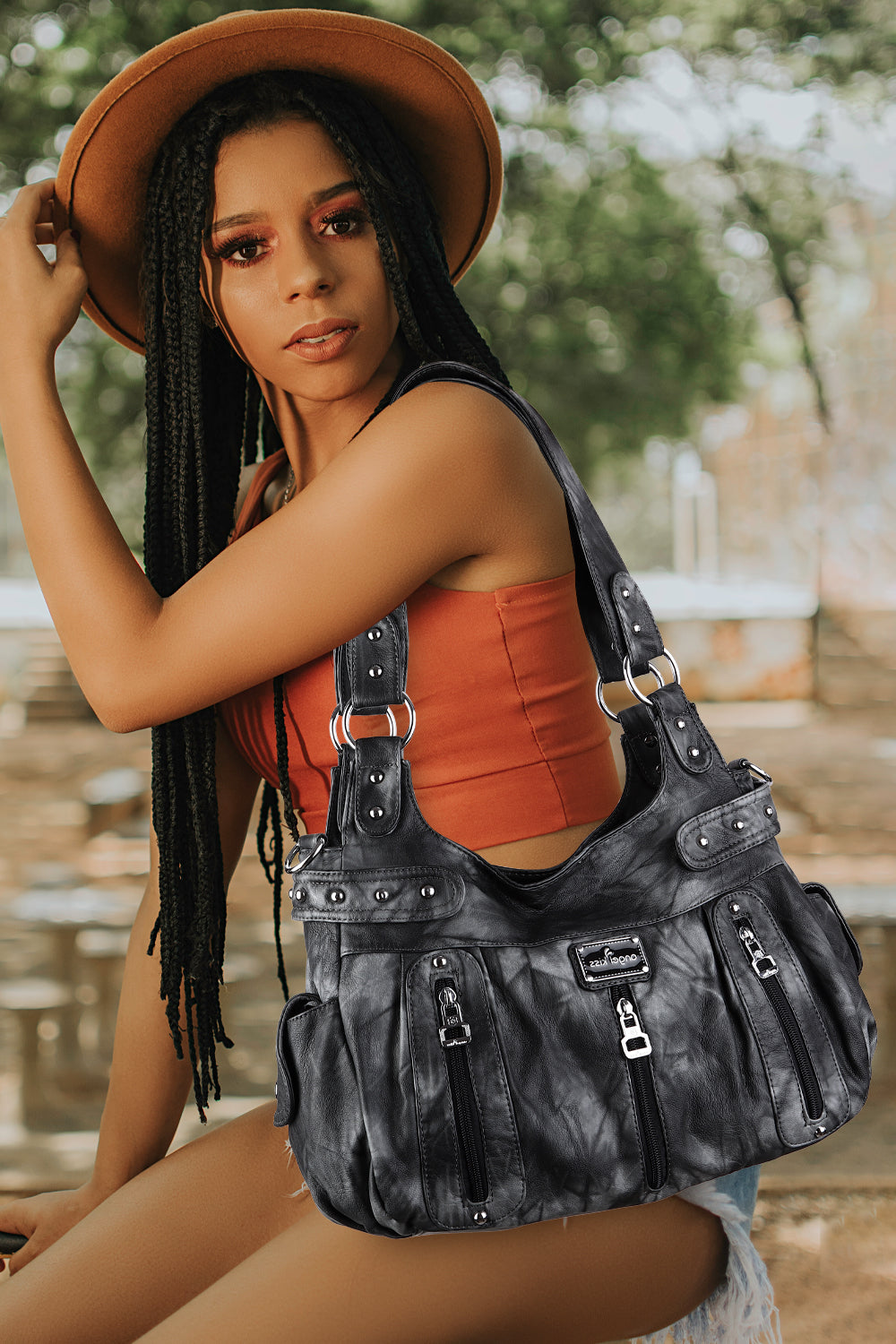 Washed Multi-Zip Hobo Shoulder Bag