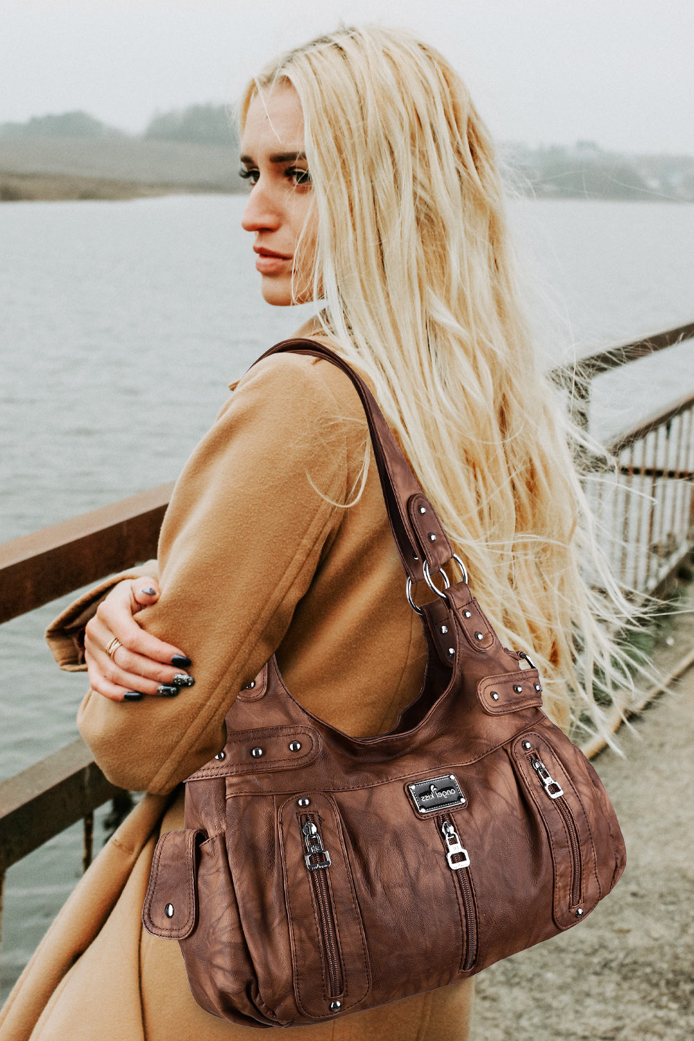 Washed Multi-Zip Hobo Shoulder Bag
