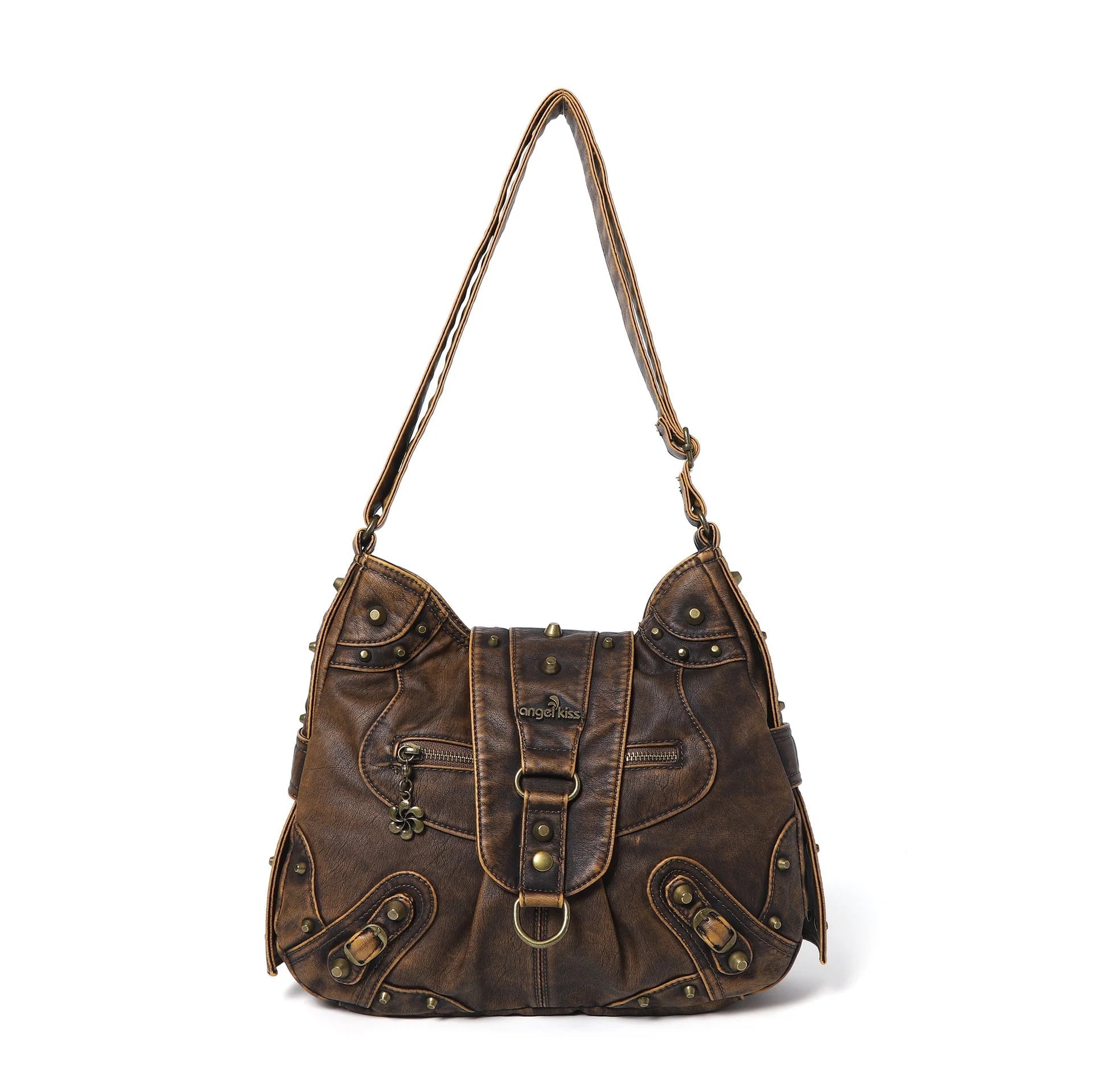 Vintage Studded Curved Hobo Crossbody Bag
