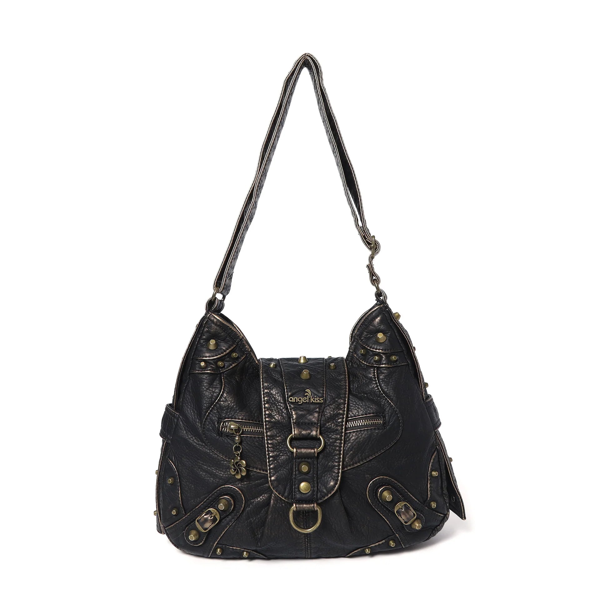 Vintage Studded Curved Hobo Crossbody Bag