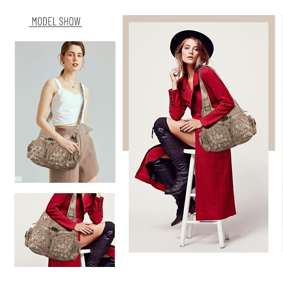 PU Studded Braided Multi-Pocket Hobo Bag