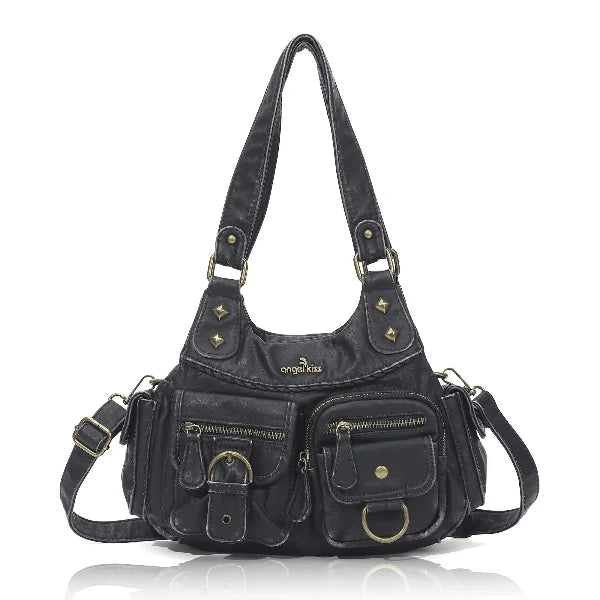 Tie-Dye Pink Multi-Pocket Vegan Leather Shoulder Tote Handbag